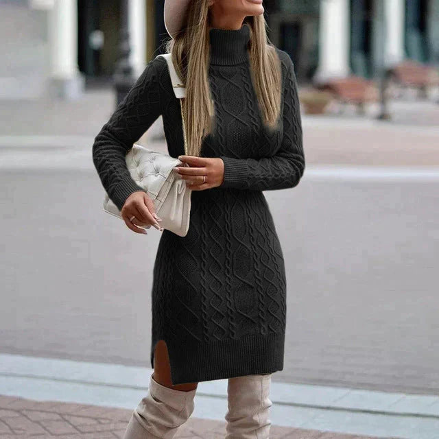 Accogliente abito in maglia a trecce con collo alto da donna per il calore invernale