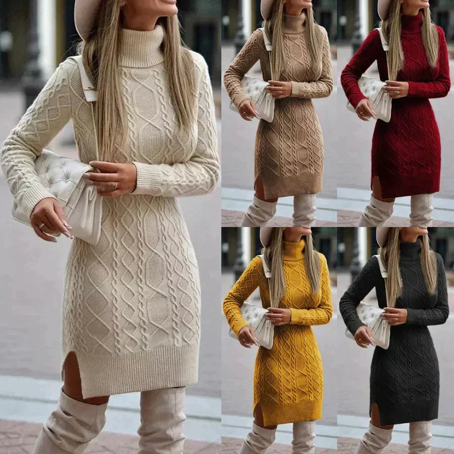 Accogliente abito in maglia a trecce con collo alto da donna per il calore invernale