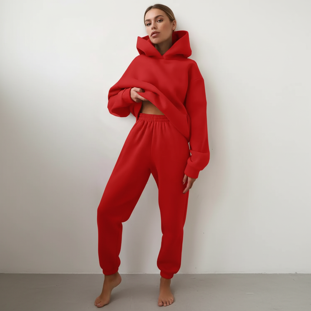 Comodo set da salotto con felpa con cappuccio e jogger in pile da donna