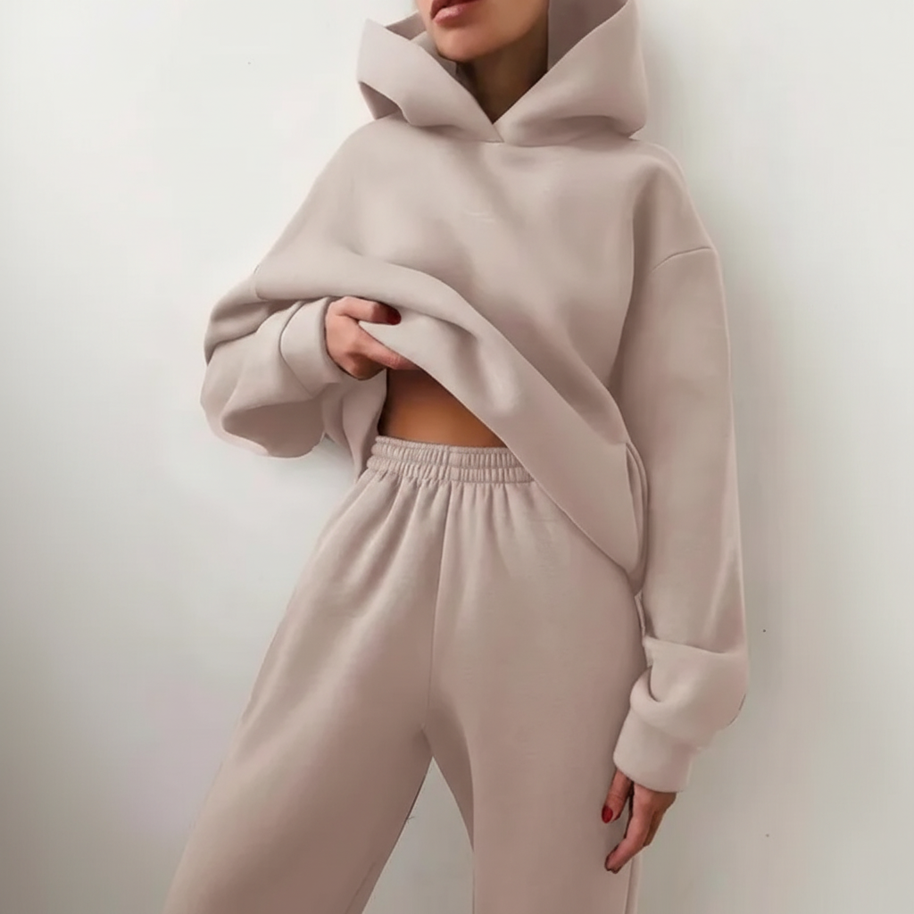 Comodo set da salotto con felpa con cappuccio e jogger in pile da donna