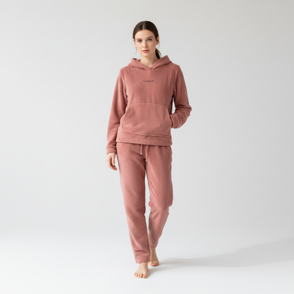 Comodo set da salotto in pile da donna con felpa con cappuccio