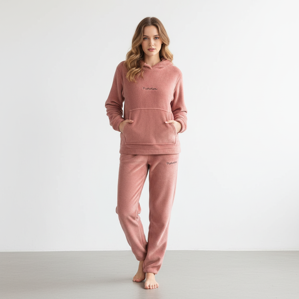 Comodo set da salotto in pile da donna con felpa con cappuccio