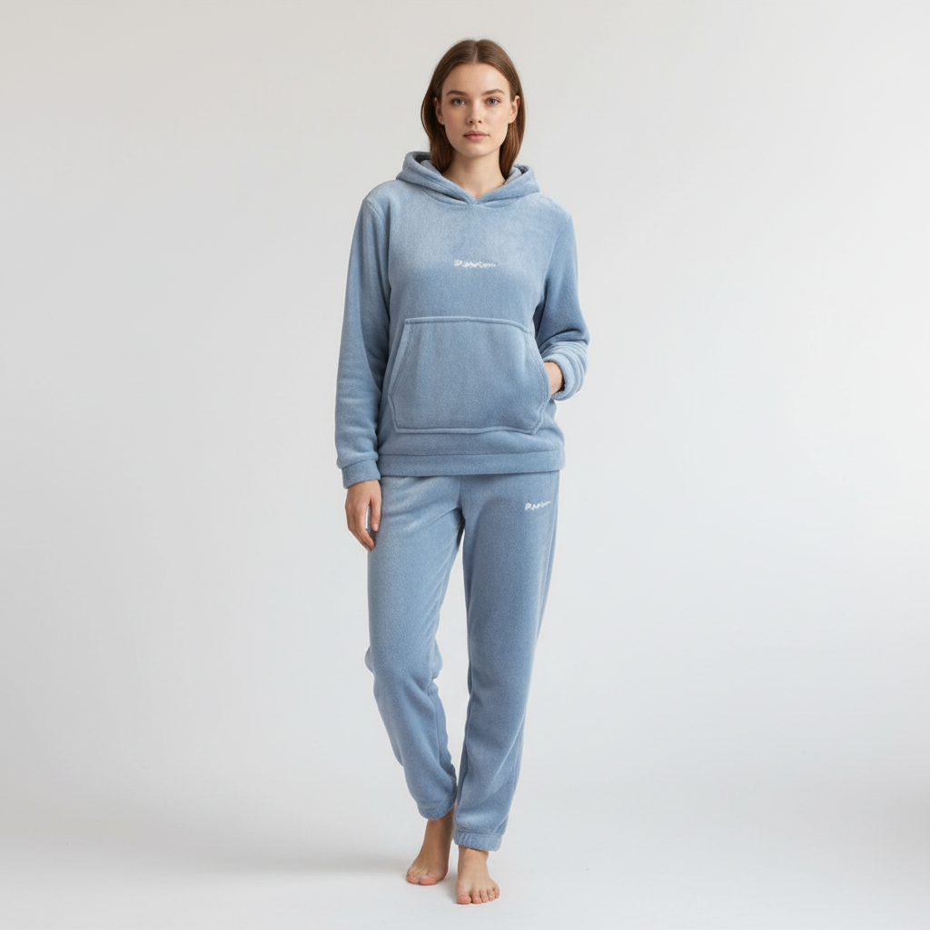 Comodo set da salotto in pile da donna con felpa con cappuccio