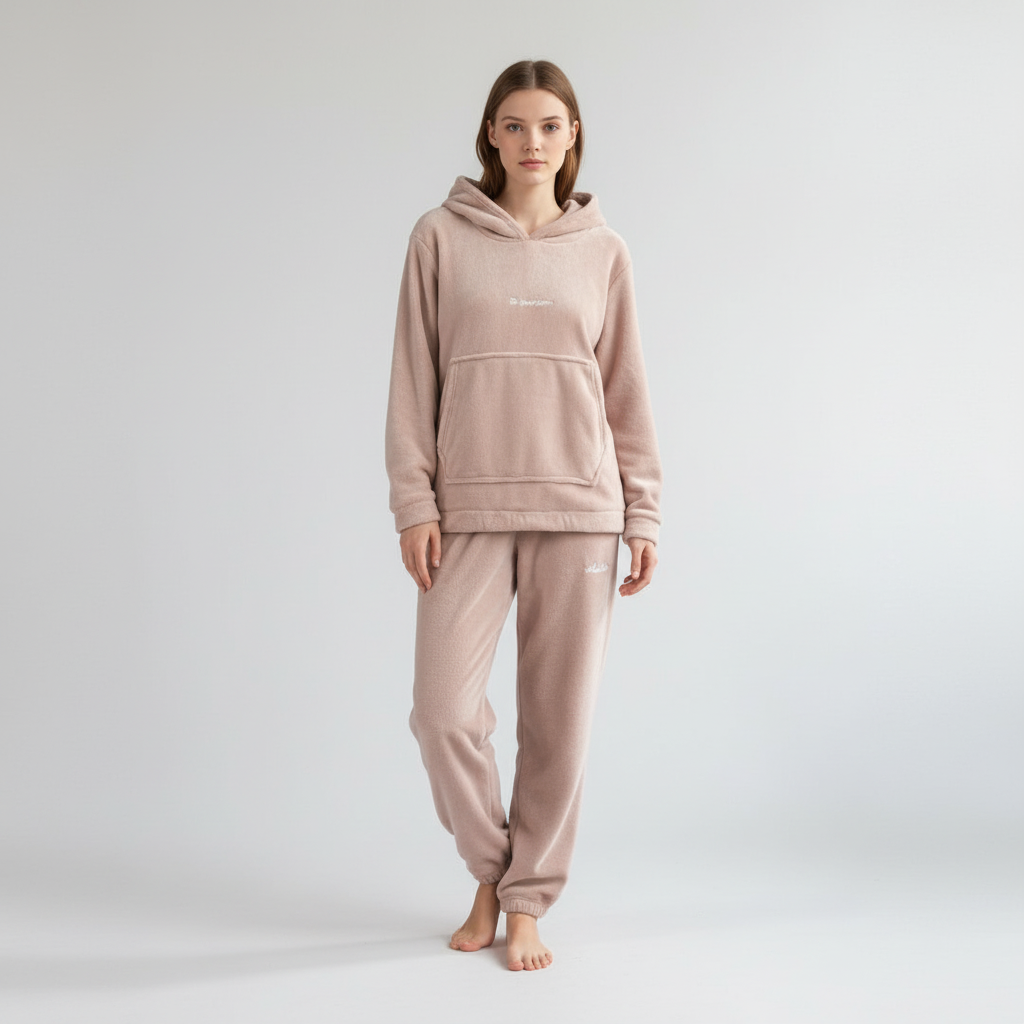 Comodo set da salotto in pile da donna con felpa con cappuccio