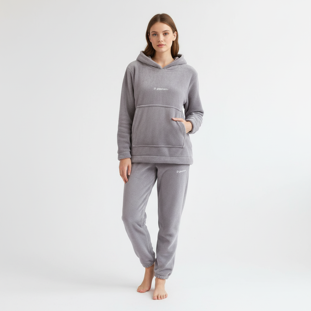 Comodo set da salotto in pile da donna con felpa con cappuccio