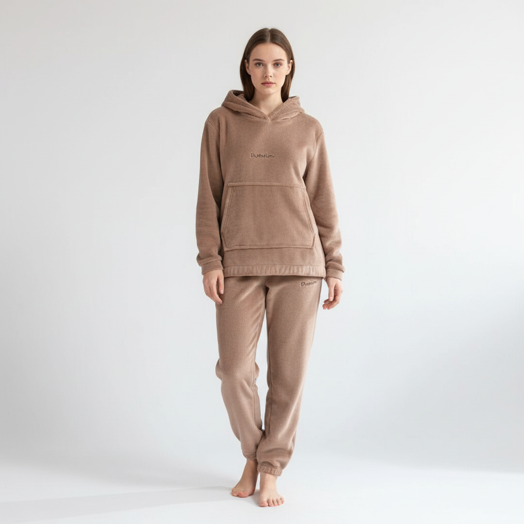 Comodo set da salotto in pile da donna con felpa con cappuccio