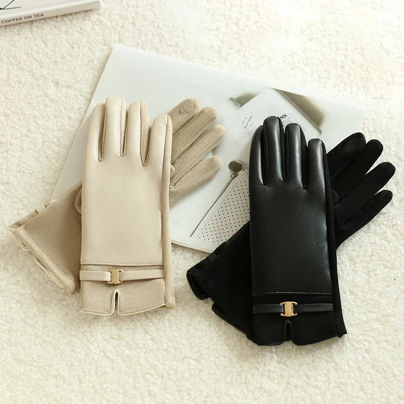 Guanti eleganti in pelle da donna per il calore invernale