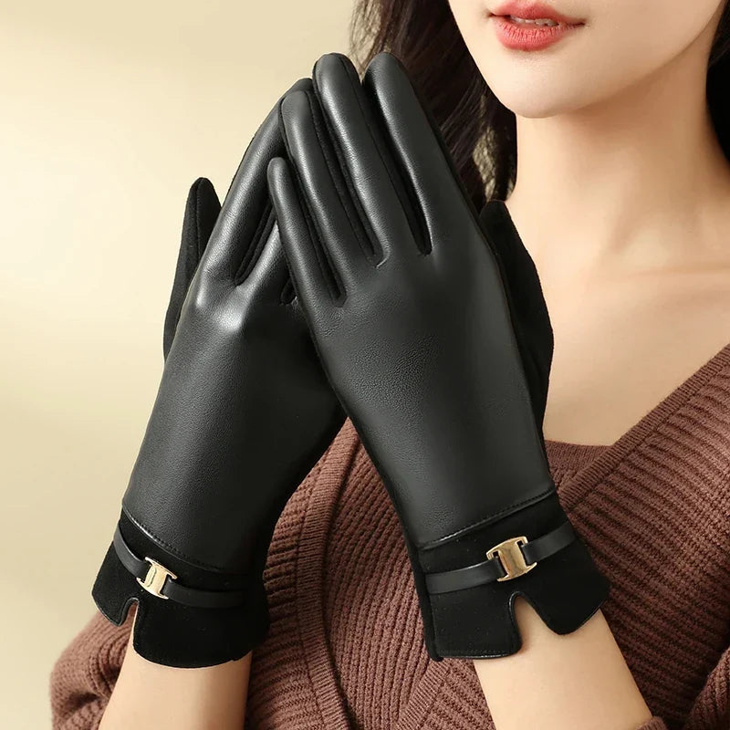 Guanti eleganti in pelle da donna per il calore invernale