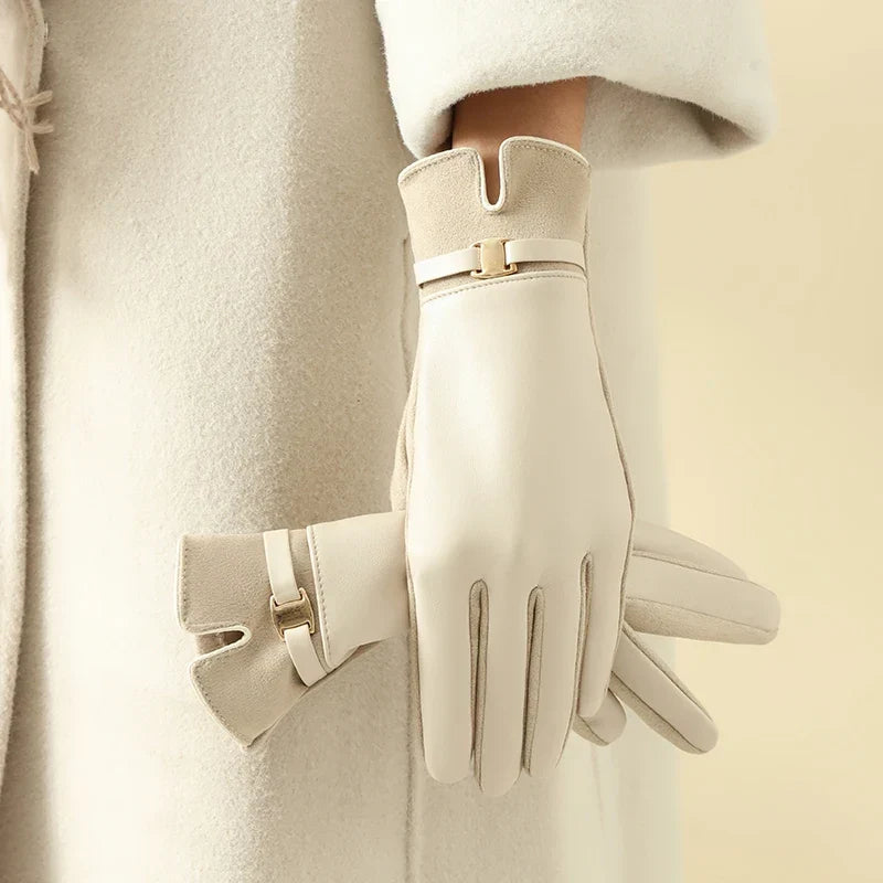 Guanti eleganti in pelle da donna per il calore invernale