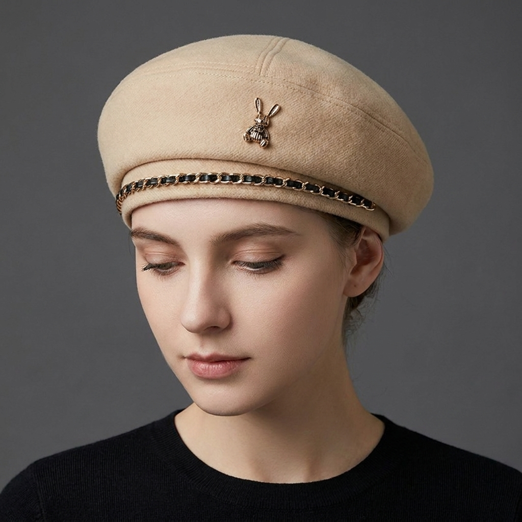 Elegante berretto da donna in misto lana con stemma dell'ape dorata