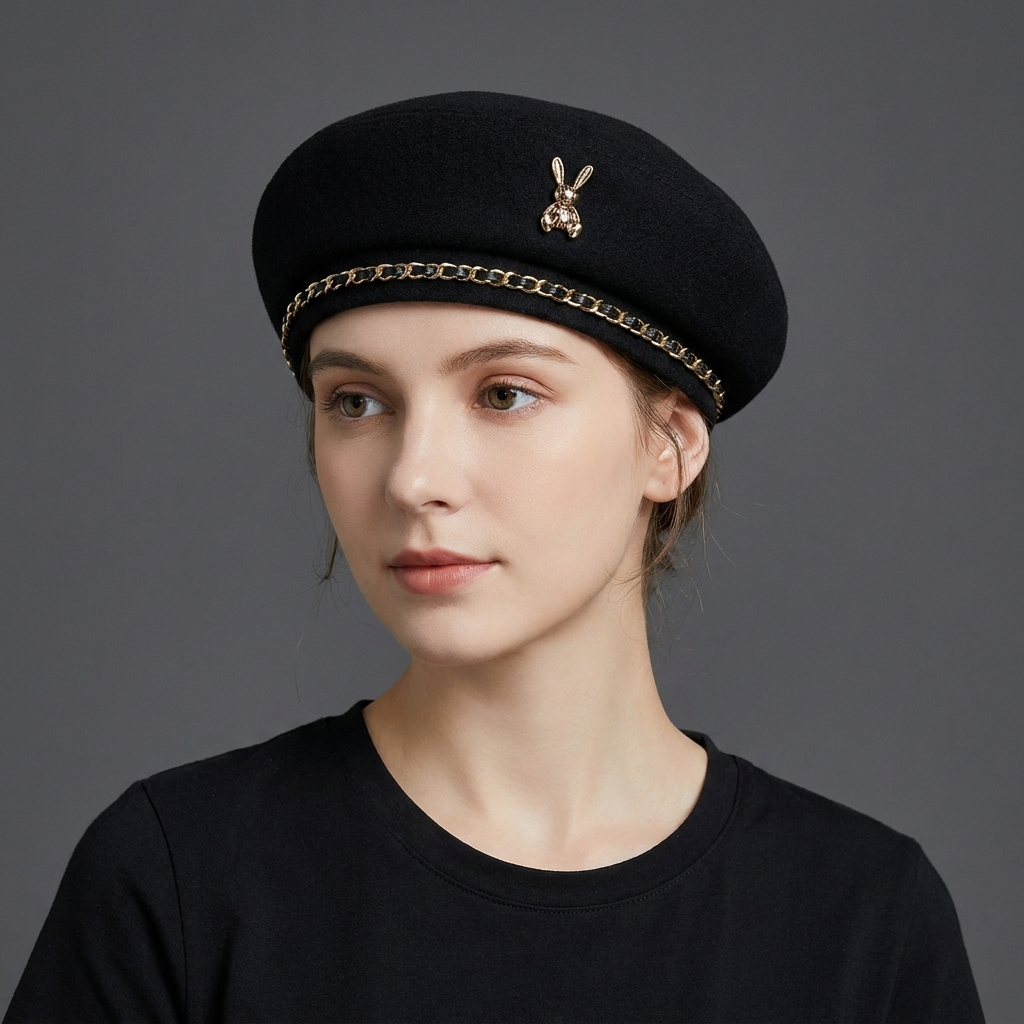 Elegante berretto da donna in misto lana con stemma dell'ape dorata