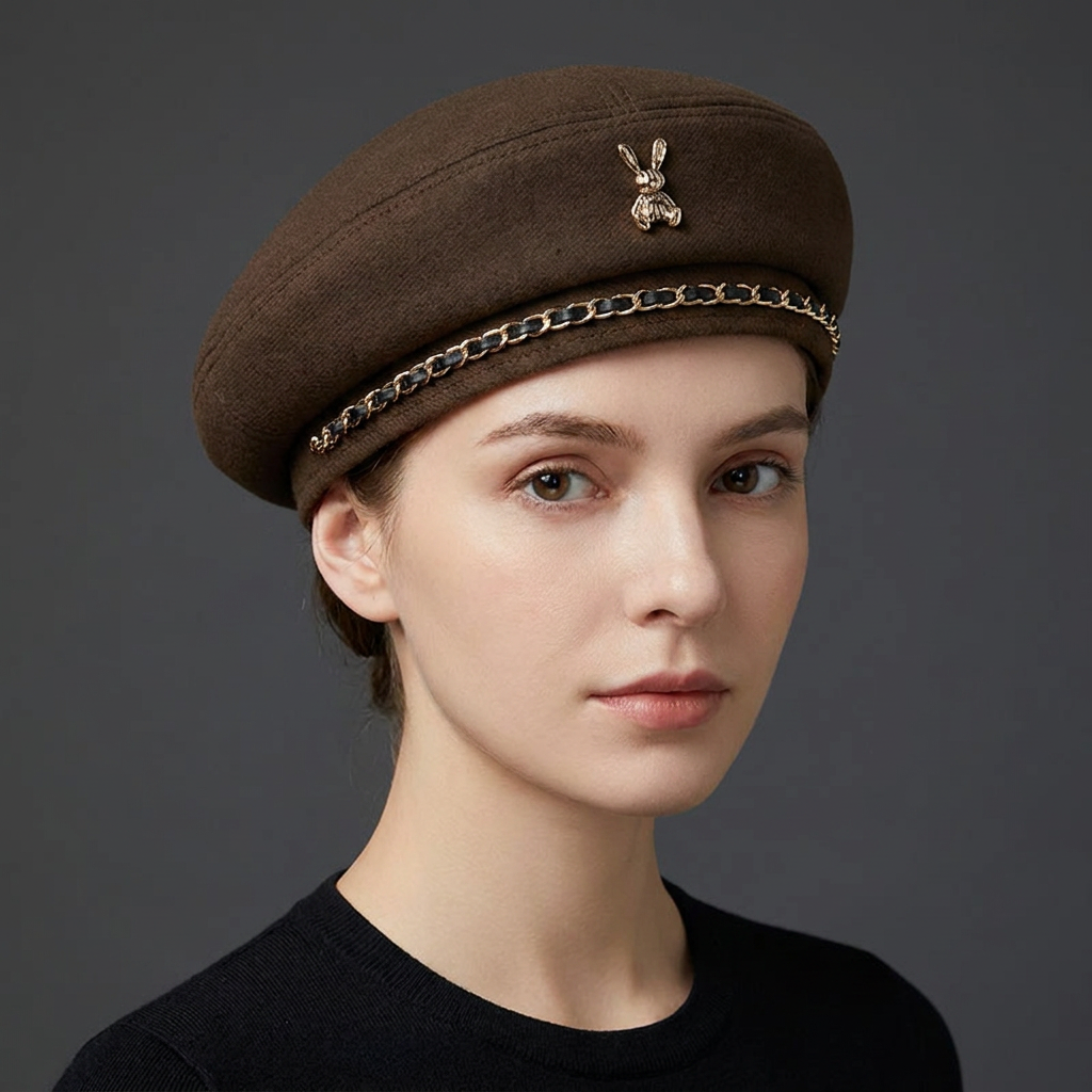 Elegante berretto da donna in misto lana con stemma dell'ape dorata