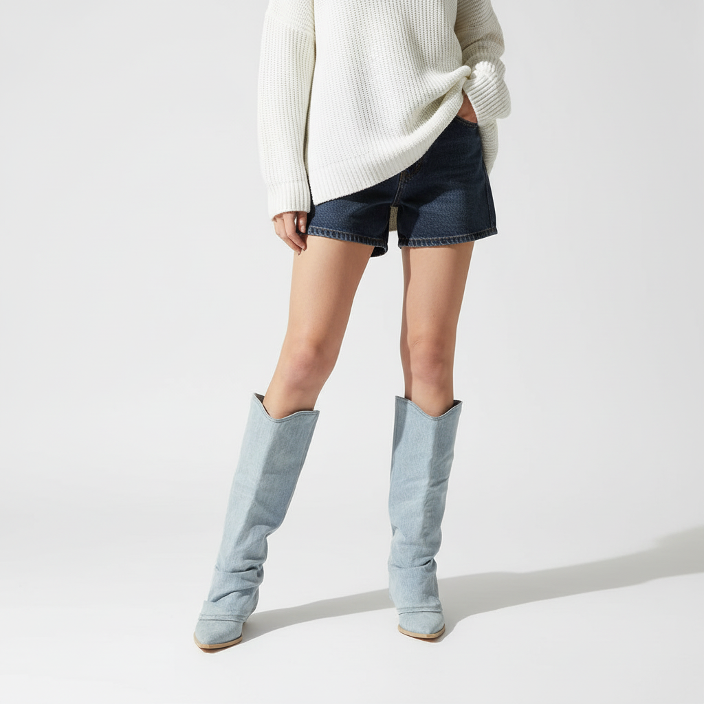 Stivali da donna stile denim al ginocchio