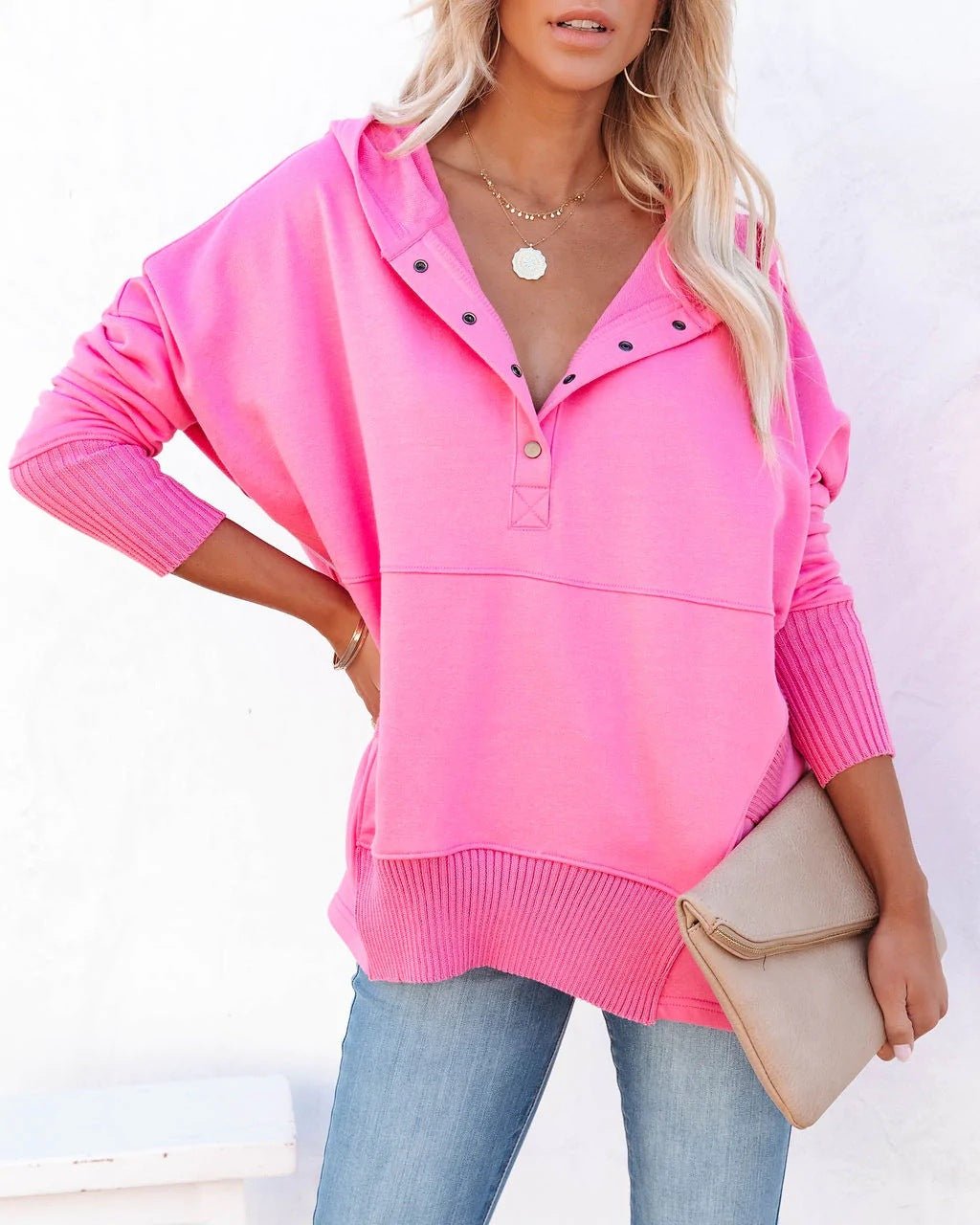 Felpa con cappuccio tunica rilassata da donna - Felpa pullover lunga e senza sforzo