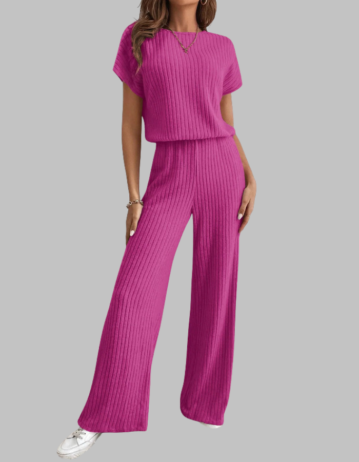 Set da due pezzi a coste da donna: top a maniche corte e pantaloni a gamba larga