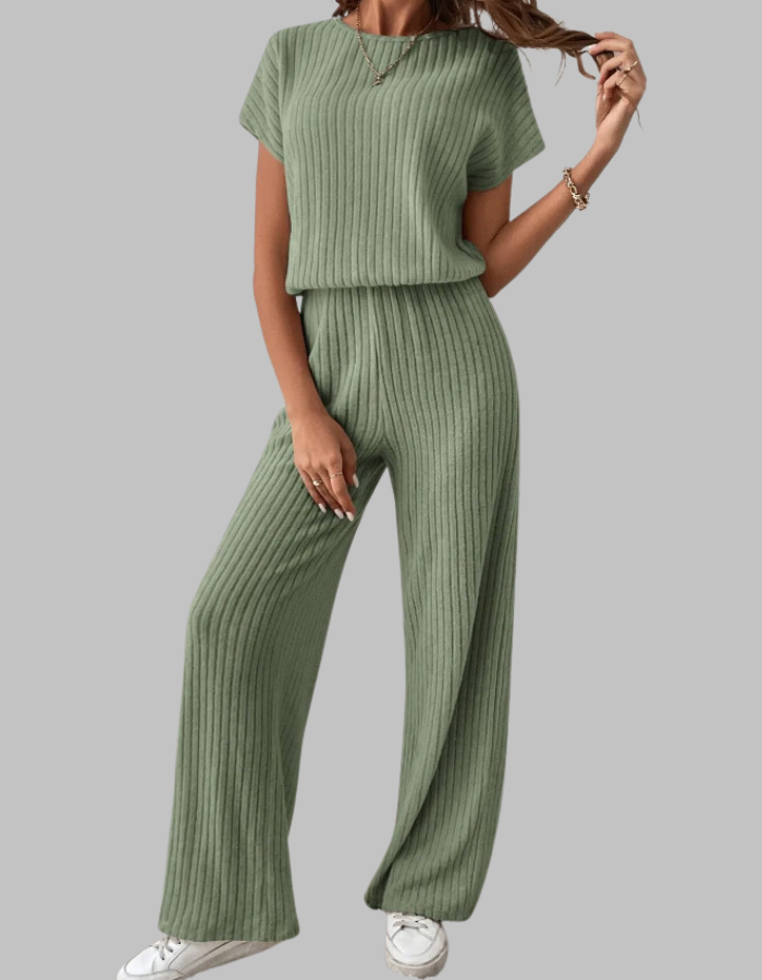 Set da due pezzi a coste da donna: top a maniche corte e pantaloni a gamba larga