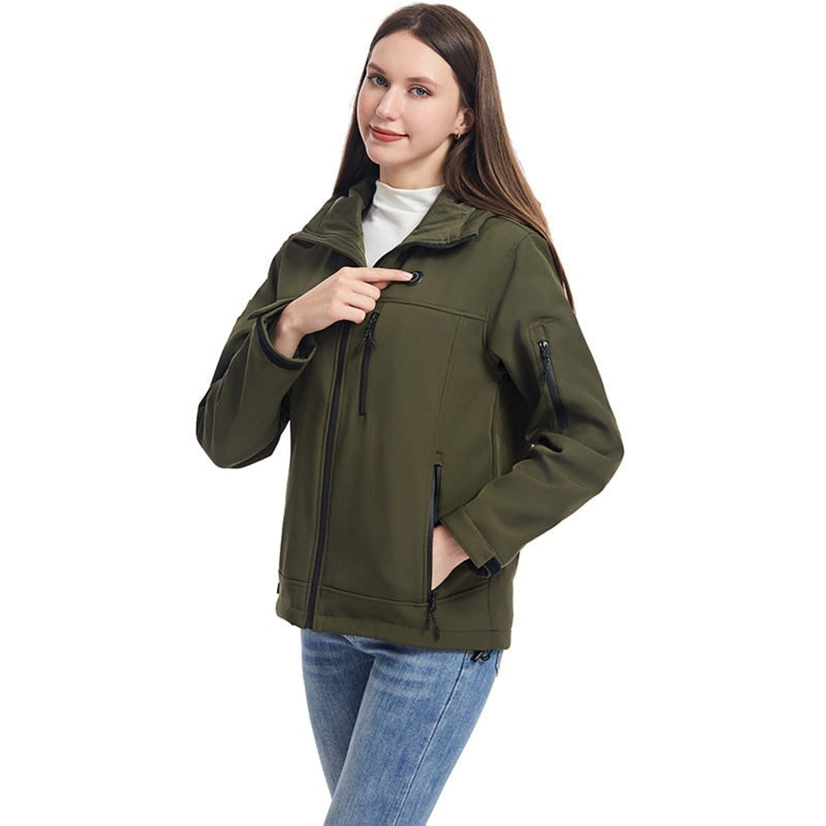 Giacca riscaldata da donna con cappuccio Softshell con zip intera Cavo di alimentazione USB regolabile