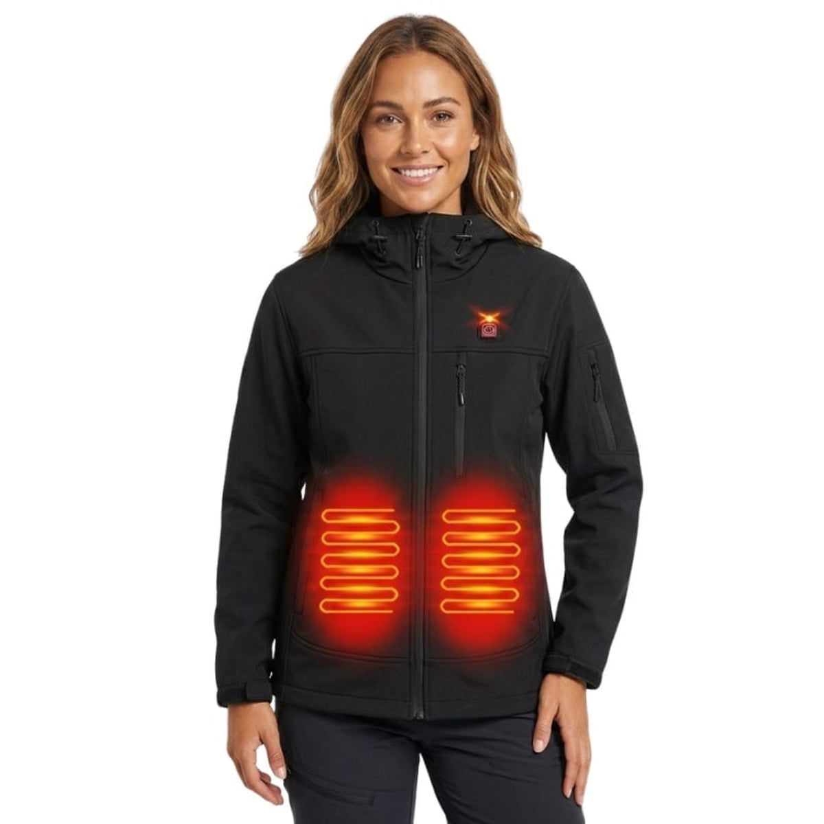 Giacca riscaldata da donna con cappuccio Softshell con zip intera Cavo di alimentazione USB regolabile