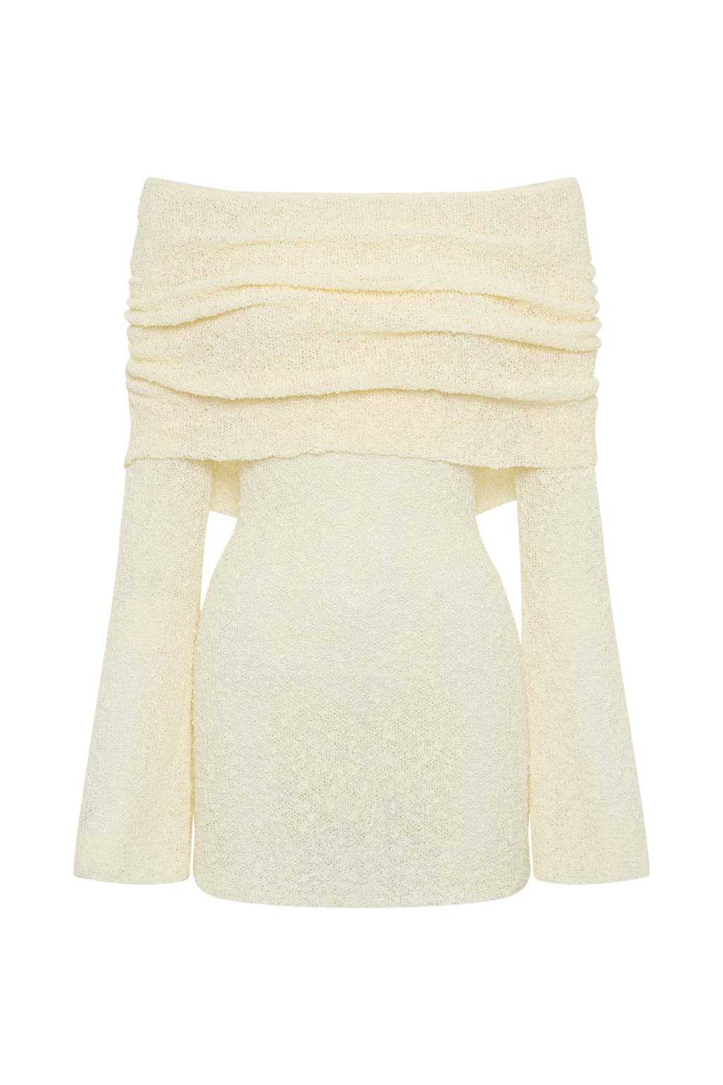 Miniabito da donna in maglia Homecoming con maniche lunghe con spalle scoperte e polsini a campana