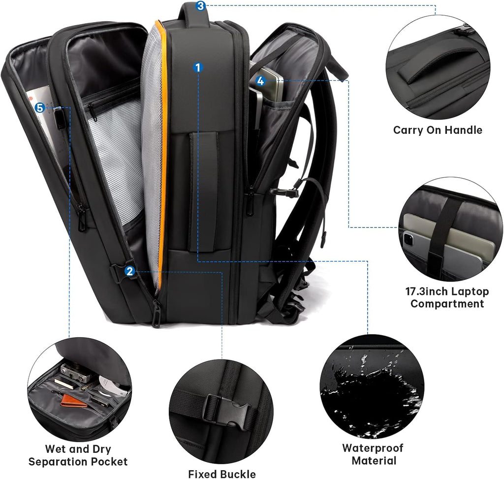 Zaino da viaggio impermeabile espandibile 26–45L con scomparto laptop e modalità borsone