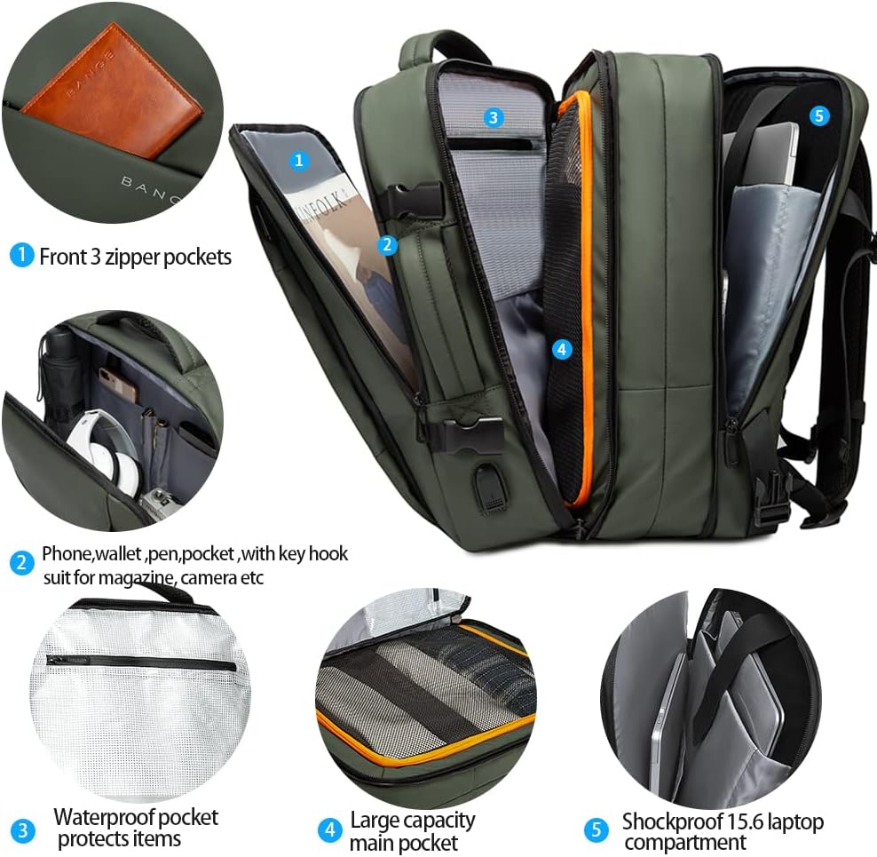 Zaino da viaggio impermeabile espandibile 26–45L con scomparto laptop e modalità borsone