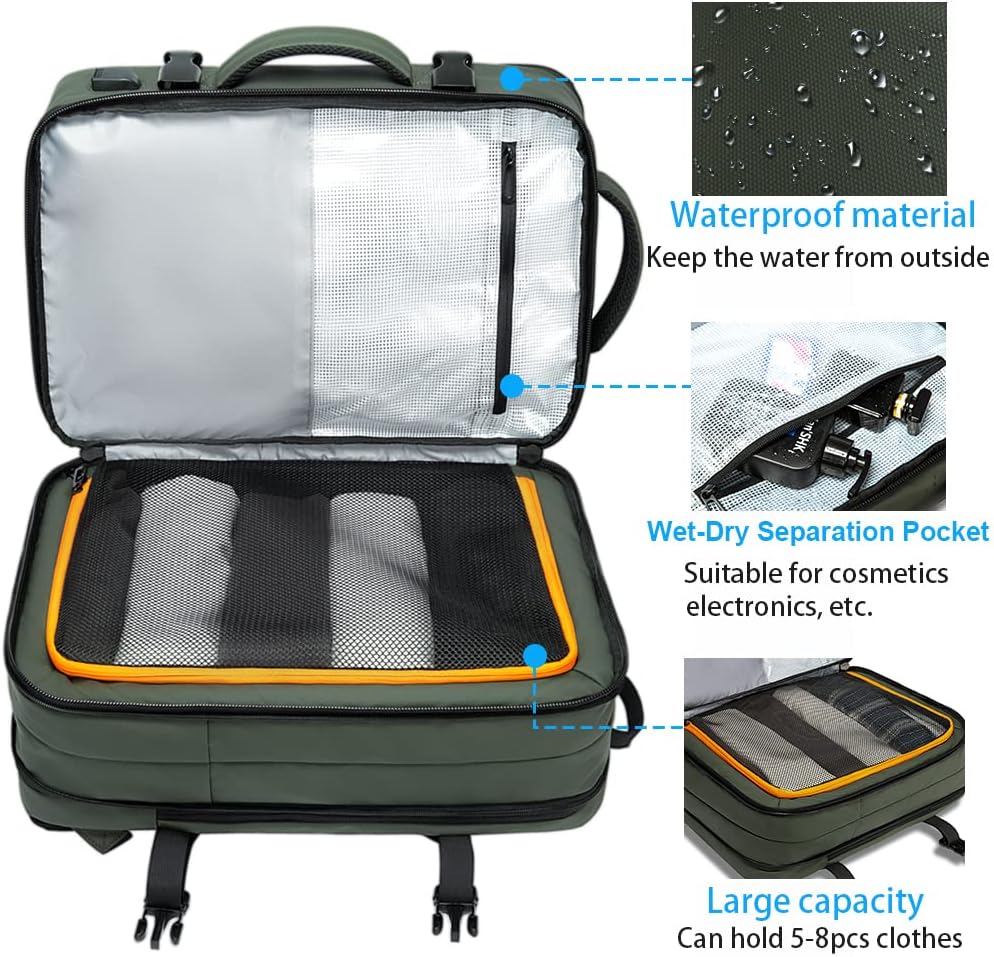 Zaino da viaggio impermeabile espandibile 26–45L con scomparto laptop e modalità borsone