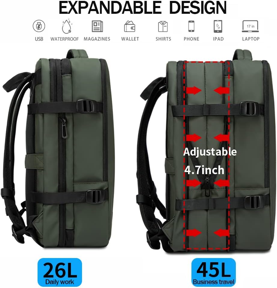 Zaino da viaggio impermeabile espandibile 26–45L con scomparto laptop e modalità borsone
